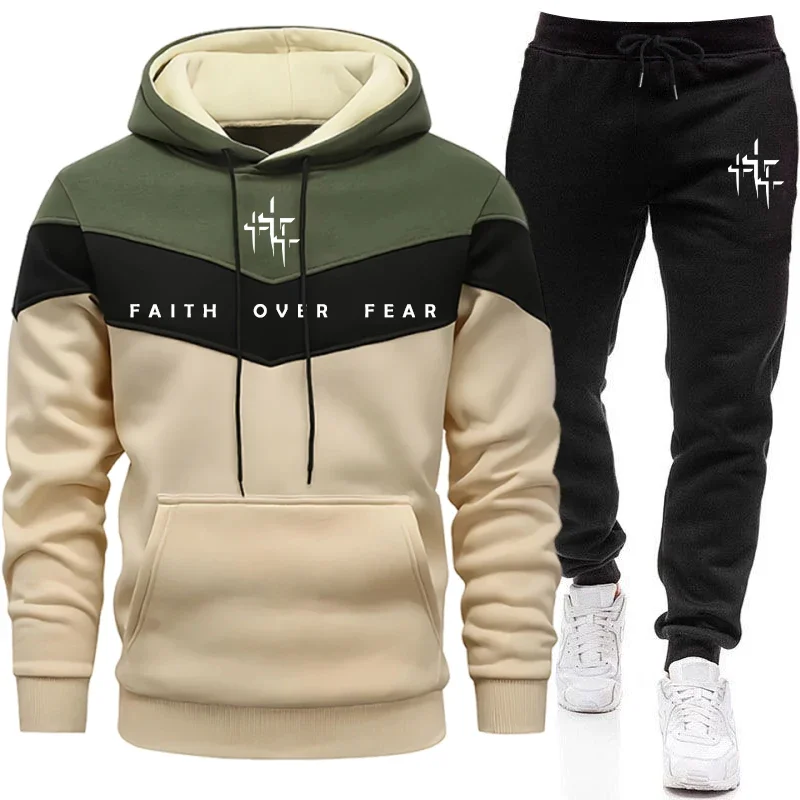 Street Fashion Outfit - Faith Over Fear Herren-Trainingsanzug mit Kapuzenpullover