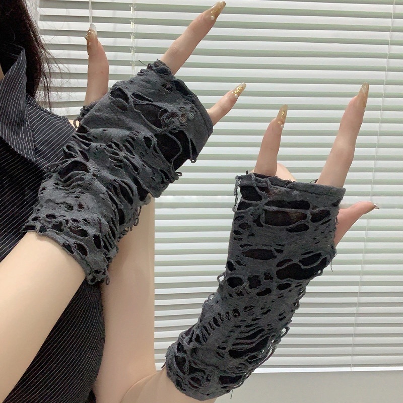 Street Fashion Gloves - Yueqiu Girl Alt Fashion Zerrissene Netz-Sonnenschutz-Armstulpen,