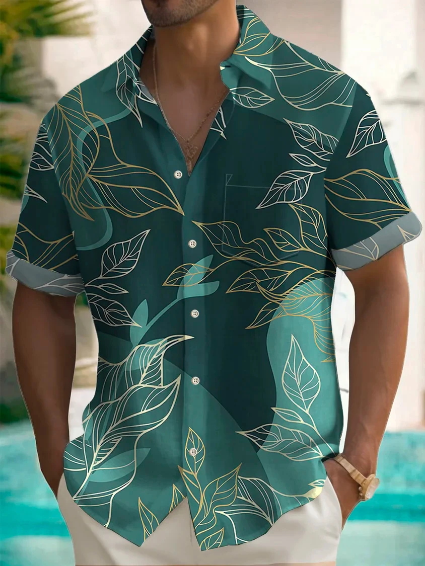 Street Fashion Summer 2026 - 2026 Hawaiianisches Botanisches Goldblatt-Print Herrenhemd Sommer