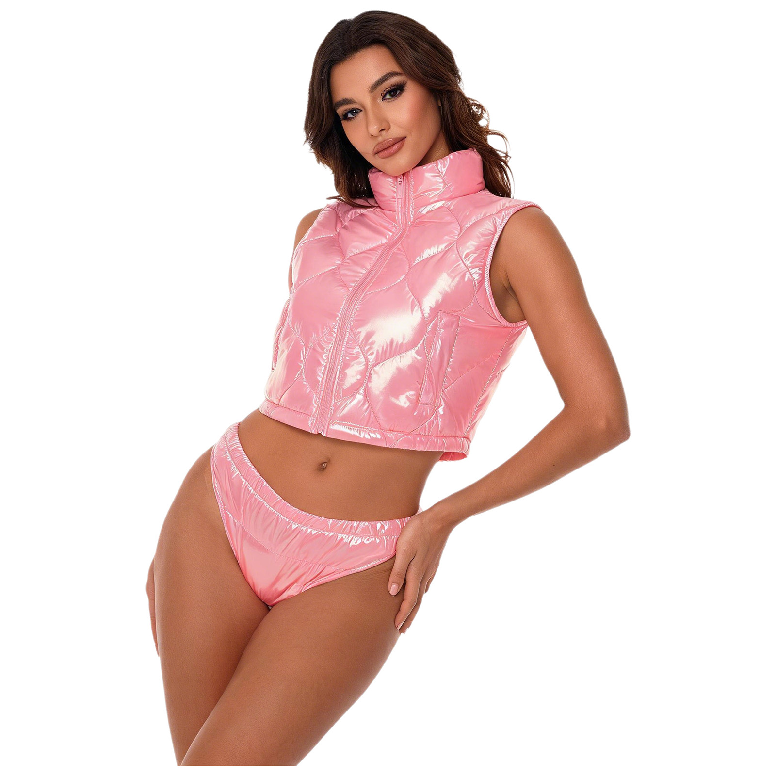 Puffer Vest Padded - Damen Glänzendes Gestepptes Puffer-Outfit Pole-Dancing-Kostüm Stehkragen