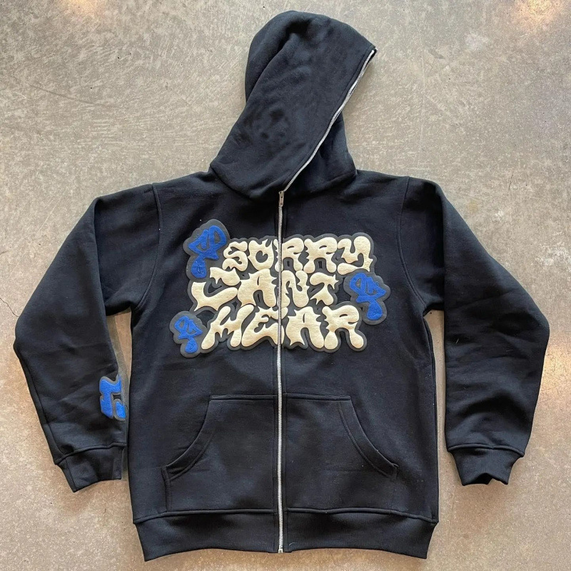 Street Fashion Zip Up Hoodie - American Retro Star and Letter Bedruckte