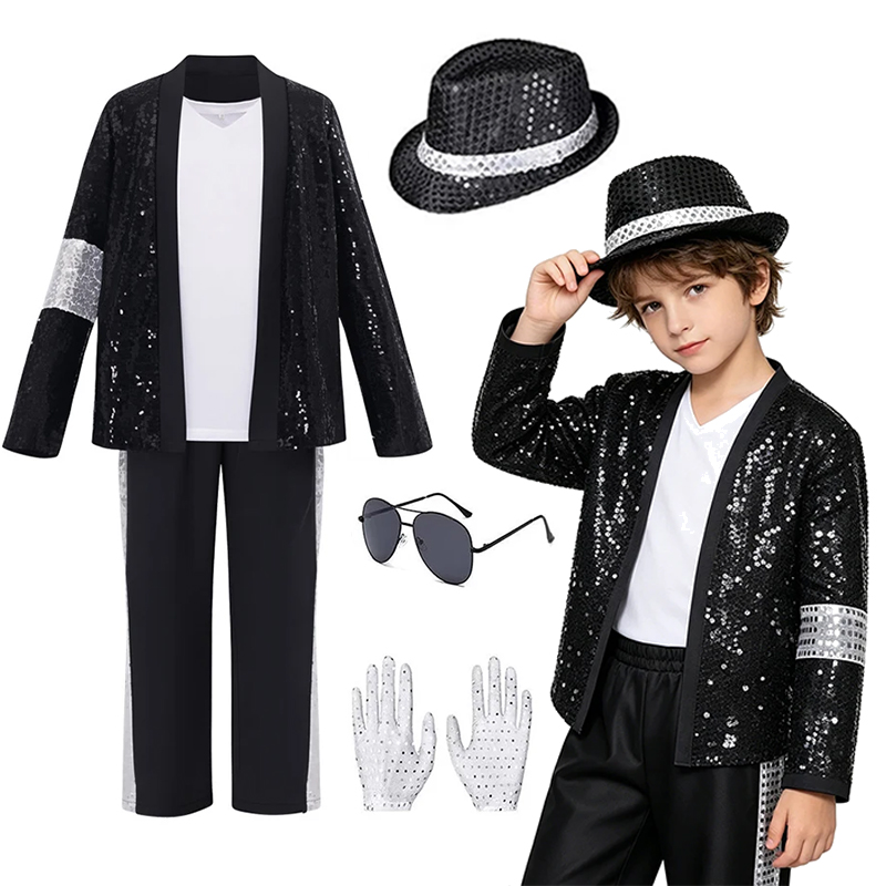 Street Fashion Gloves - Kinder Hip-Hop-Popstar-Kostüm mit Pailletten, Hut, Handschuhen