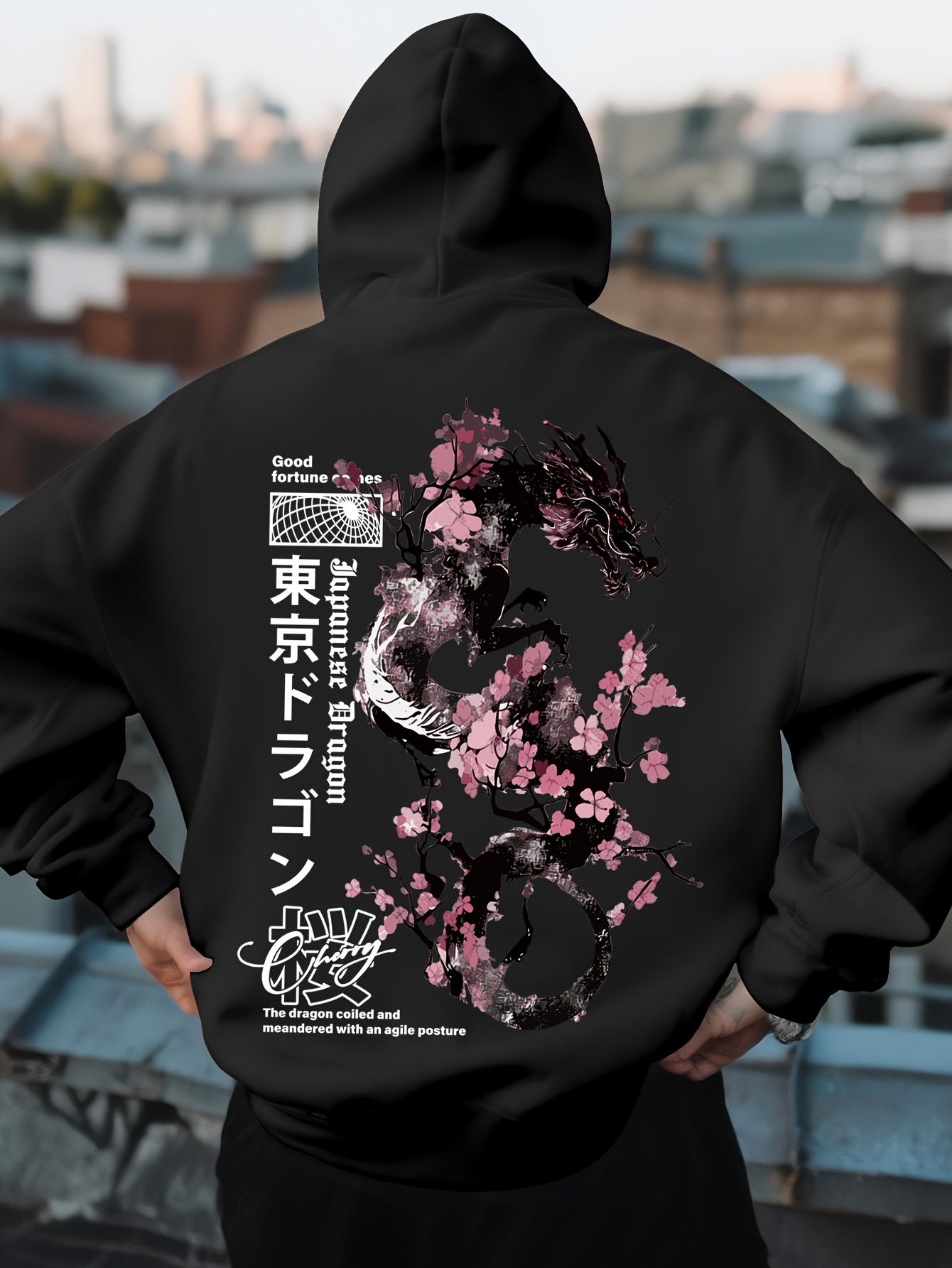 Street Fashion Asian Men - Herren Hip-Hop Sport-Hoodie Ästhetisches Japanisches Drachen-Kirschblüten-Muster