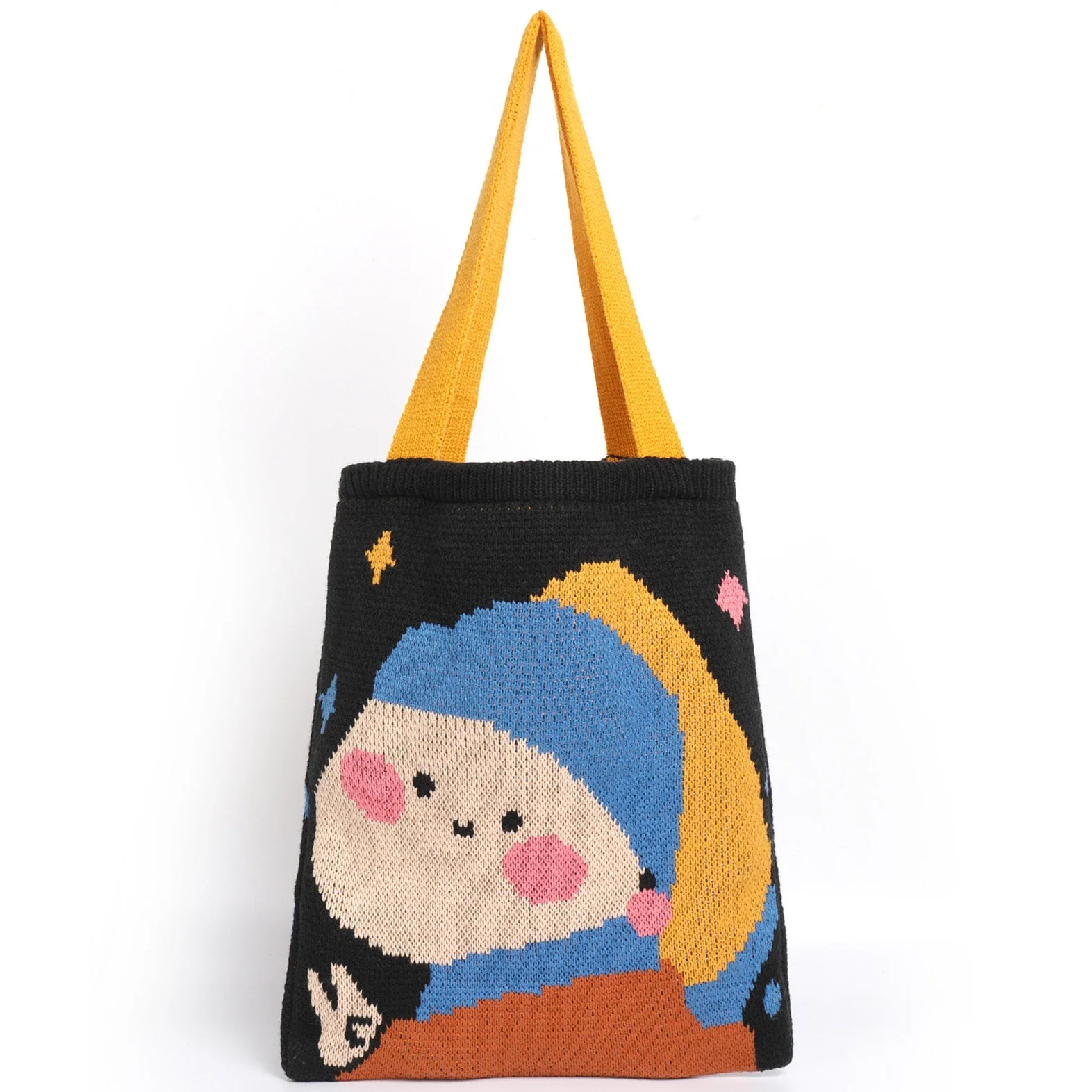 Japanese Street Fashion Female - Weibliches High-Street-Strickmädchen mit Perlenohrring, Tragetasche mit